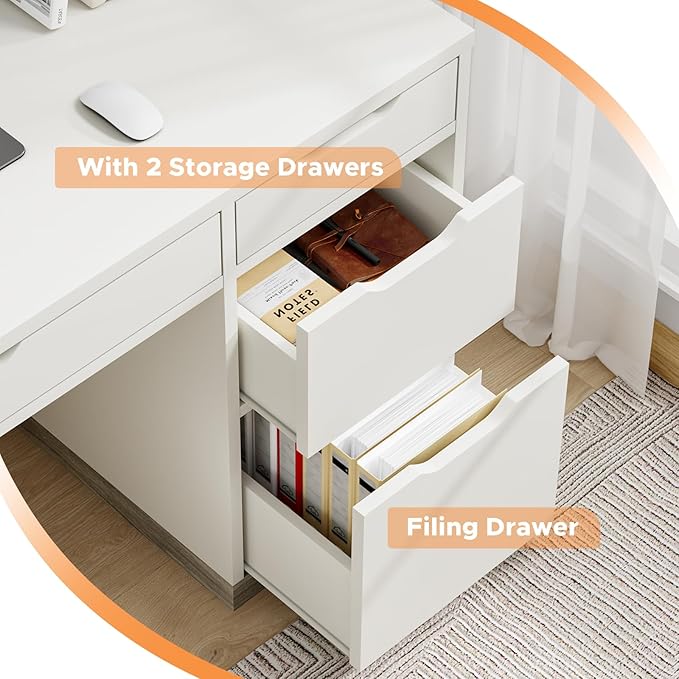 MaverickFurni White Desk with Drawers, 48 Inch Small Computer Desk with 4 Storage Drawers for Small Space, Home Office Desk for Bedroom with Storage File Drawer