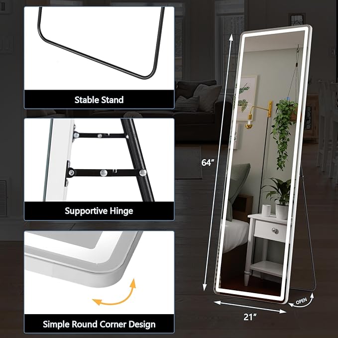 OLIXIS 21"x 64" LED Full Length Mirror with Lights, Standing Lighted Floor Full Body Mirror with 3 Color Lighting, Wall Mounted Mirrors for Bedroom, Bathroom, Entryway with Tempered Glass