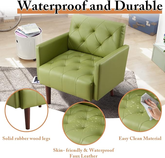 Faux Leather Accent Chair, Modern Retro Arm Chair for Living Room and Bedroom Tufted Upholstered Sofa Club Chair Comfy Armchair for Small Spaces Bedroom Office (Olive)