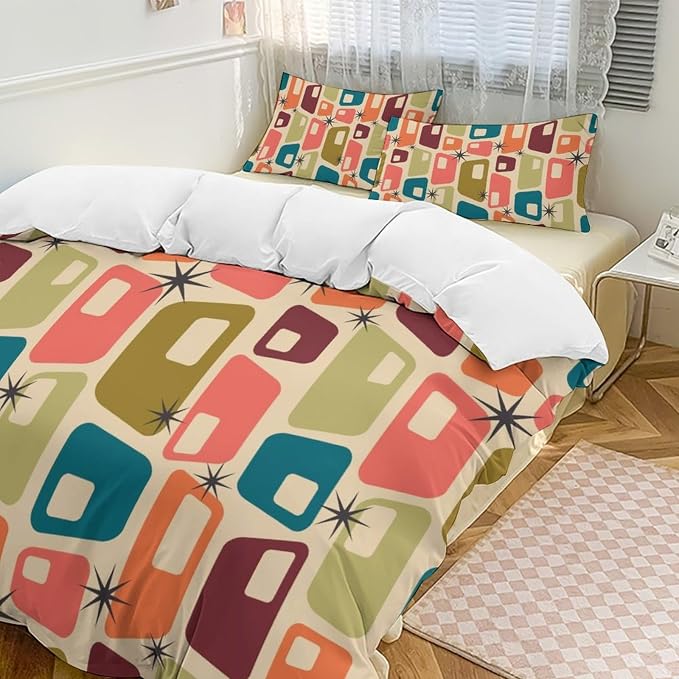 Mid Century Duvet Cover Sets Aesthetic Abstract Geometric Mid Century Retro Printed Lightweight Soft Quilt Cover Minimalist Soft Microfiber 3 Piece (1 Duvet Cover 90x90in + 2 Pillow Sham 20x30in)