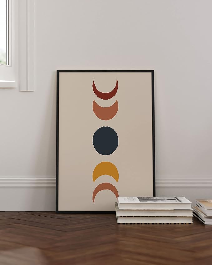 HAUS AND HUES Moon Phases Wall Art - Colorful Moon Transition Print, Mid Century Boho Celestial Decor, Modern Moon Phases Poster, Black Frame 24x36