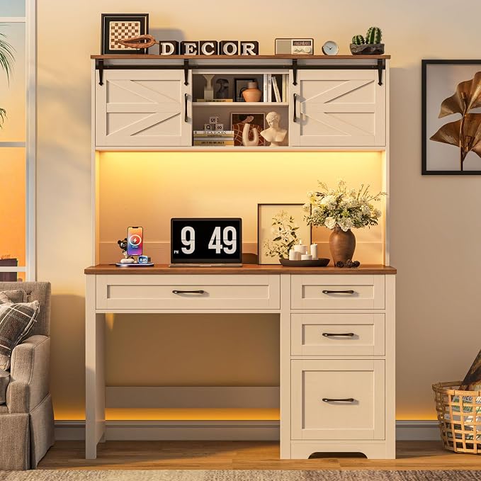 Farmhouse 67" H Executive Desk with Hutch,Office Table with LED light and 4 Drawers,Computer Desk with Charging Station,File Drawers and Storage Cabinet,Workstation for Home Office.Unique White