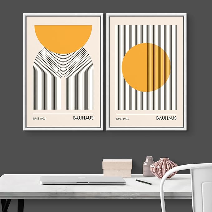IDEA4WALL Framed Canvas Print Wall Art Set Bauhaus Geometric Solar Sun Wave Collage Abstract Shapes Illustrations Modern Art Decorative Multicolor for Living Room, Bedroom, Office - 16"x24"x2 White