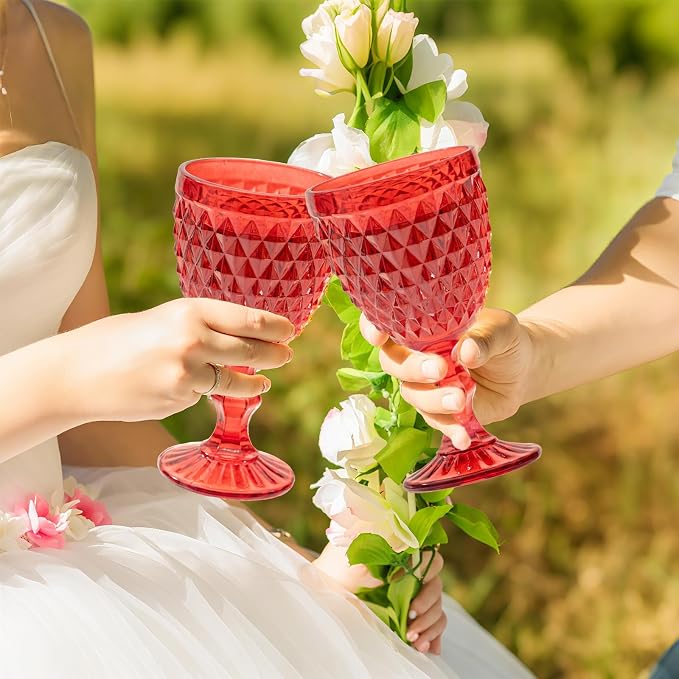 Vintage Wine Glasses Set of 6, 10 Ounce Colored Glass Water Goblets, Unique Embossed Pattern High Clear Stemmed Glassware Wedding Party Bar Glass Drinking Cups Diamond Red