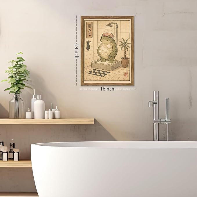 Framed Vintage Frog Bathroom Wall Art, Funny Cute Green Frog in Bubble Bath Canvas Prints, Japanese-Style Retro Cartoon Animal Artwork, Whimsical Wall Decor for Dorm Apartment Toilet 16x24in