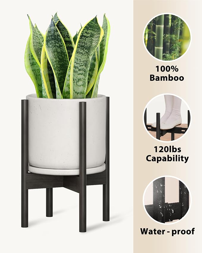 GENTINGBRO Adjustable Plant Stand Indoor, Bamboo Plant Stand Fits 8 9 10 11 12 Inches, Small Corner Planter Holder for Indoor Plants, Single Floor Plant Stands for Living Room Balcony, Pure Black