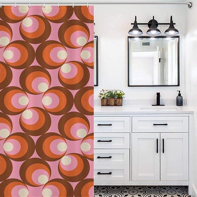 Mid Century Vintage Geometric Shower Curtains Modern Pink Rod Pocket Abstract Geometric Circular Shapes Washable Waterproof Fabric for Bathroom Decor Bathtub with 12 Hooks 72x72in (183x183cm)
