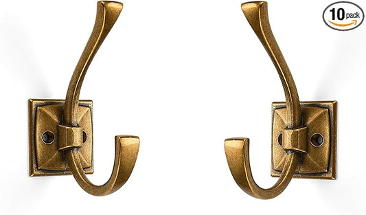 Large Antique Brass Coat and Towel Hooks - 10 Pack 4.35 Inch Double Robe Hooks for Key, Towel, Bags, Cup, Hat