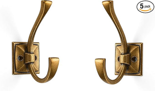 Large Wall Hooks 5 Pack Antique Brass Coat Hooks Hardware Towel Hooks for Hanging Coats 4.35 Inch Double Robe Hooks Wall Mounted with Screws for Key, Towel, Bags, Cup, Hat
