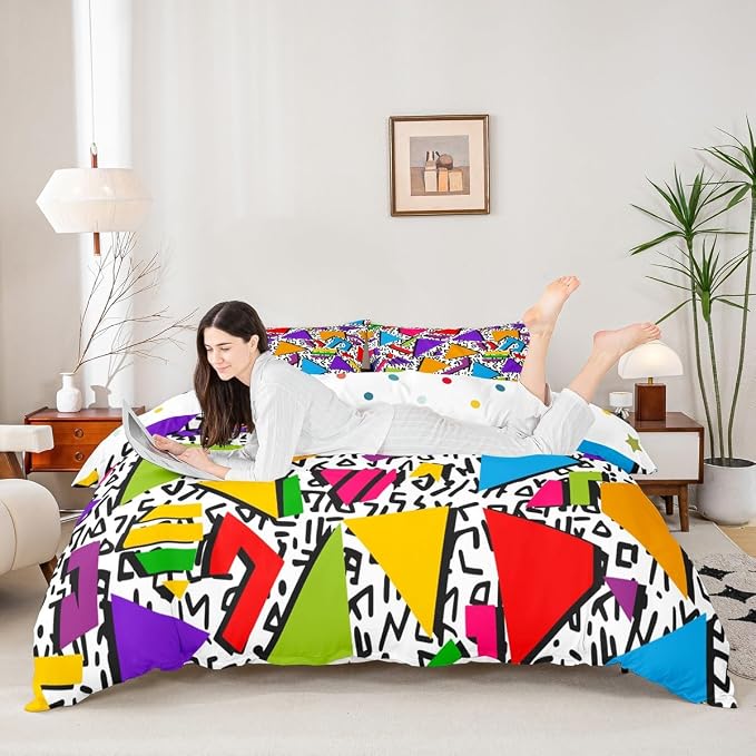 Memphis Geometric Pattern Comforter Cover Set King Size,Retro Style Round Half Moon Triangle Shapes Artwork Duvet Cover Colorful Graphic 80s 90S Style Bedding Set Abstract 1990S Memphis Home Decor