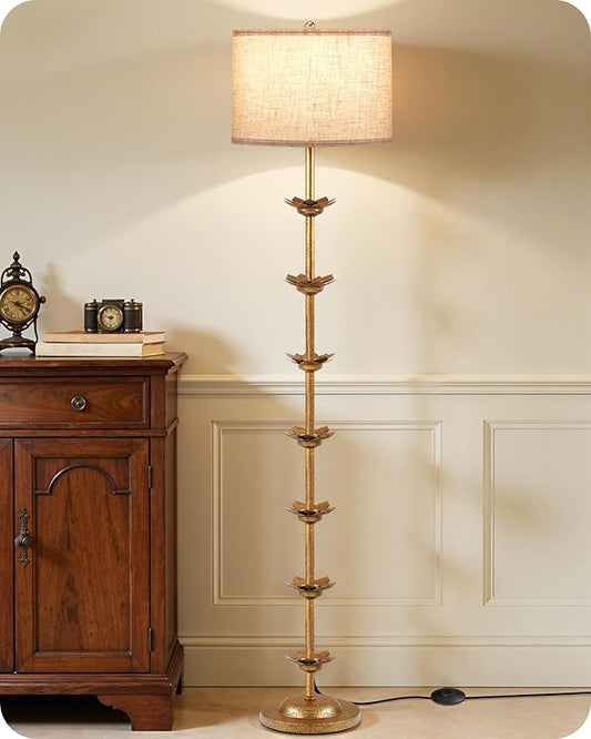 63.8” Floor Lamp with Landen Leaf, Antique Gold Standing Lamp with Foot Switch, Metal, Beige Linen Drum-Shaped Shade, Bulb Not Included, for Bedroom, Living Room D20LD05