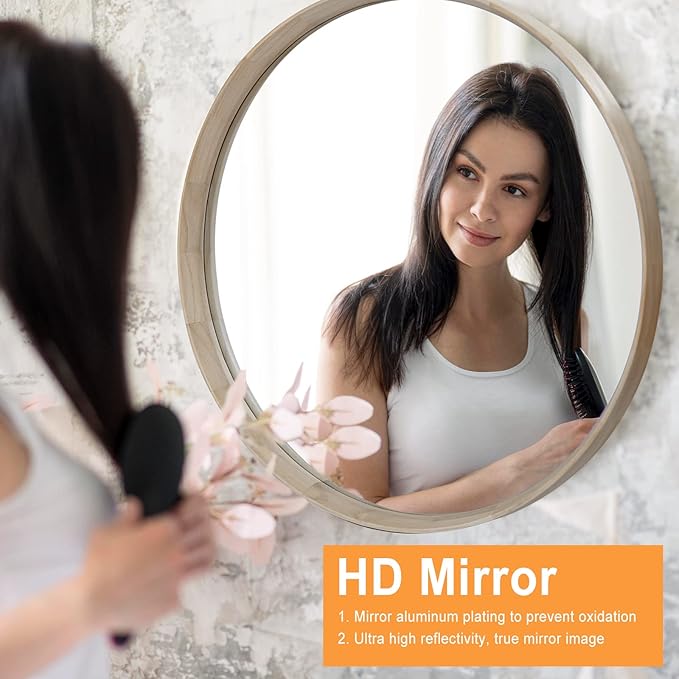 Natural Wood Round Mirror, 28 Inch - Large Wall Circle Mirror for Bathroom or Nursery Decor