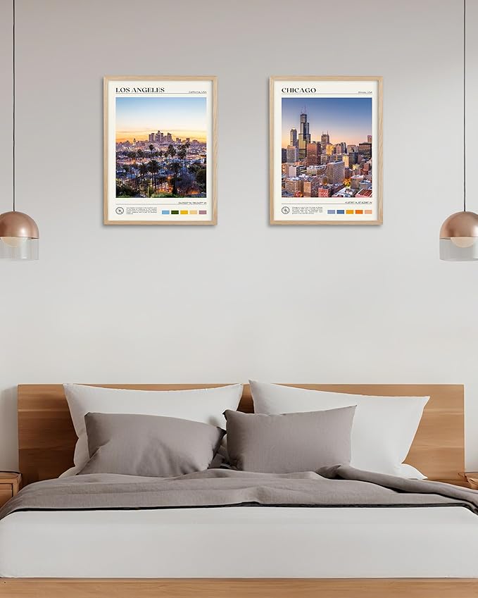 HesenDot Natural OAK Wood Los Angeles Cityscape Framed Wall Art,12x16in City Skyline Canvas Wall Print,Modern Urban Landmark Wall Decor for Living Room,Bedroom,Office Gallery Gifts Set of 1