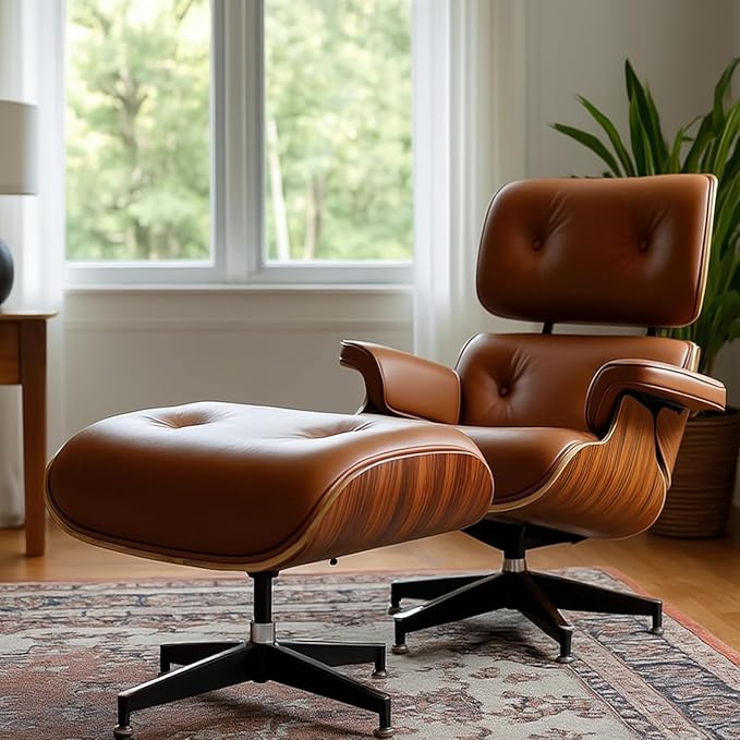 Top Grain Leather, Mid Century Chaise Lounge Chair and Ottoman, Modern Chair Classic Design, Heavy Duty Base Support for Living Room Study Lounge Office, Palisander-Brown