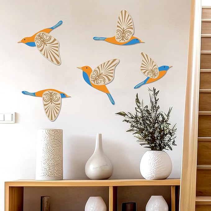 KOYILTD 5 Piece Bird Wood Wall Sculptures Wooden Wall Art Decor Scandinavian Home Decorations Flying Bird Wall Decor Farmhouse Wall Art for Home Living Room Bathroom Dining Room (Blue orange)