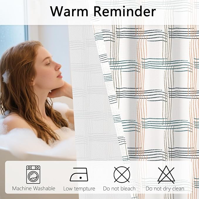No Hook Shower Curtain with Snap in Fabric Liner - Beige & Teal Grid Pattern, Waterproof Shower Curtains and Liner Set for Modern Bathroom, See Through Top Window, 71x74 Inches