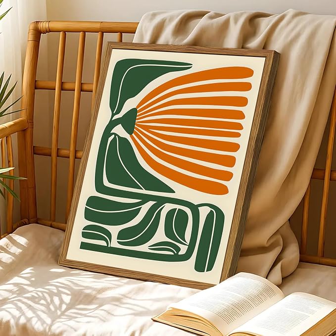 Framed Boho Floral Wall Art, Mid Century Modern Flower Canvas Wall Decor Pictures, Green and Orange Abstract Botanical Paintings Poster Prints Eclectic Home Decor for Living Room Bedroom 12x16 inch
