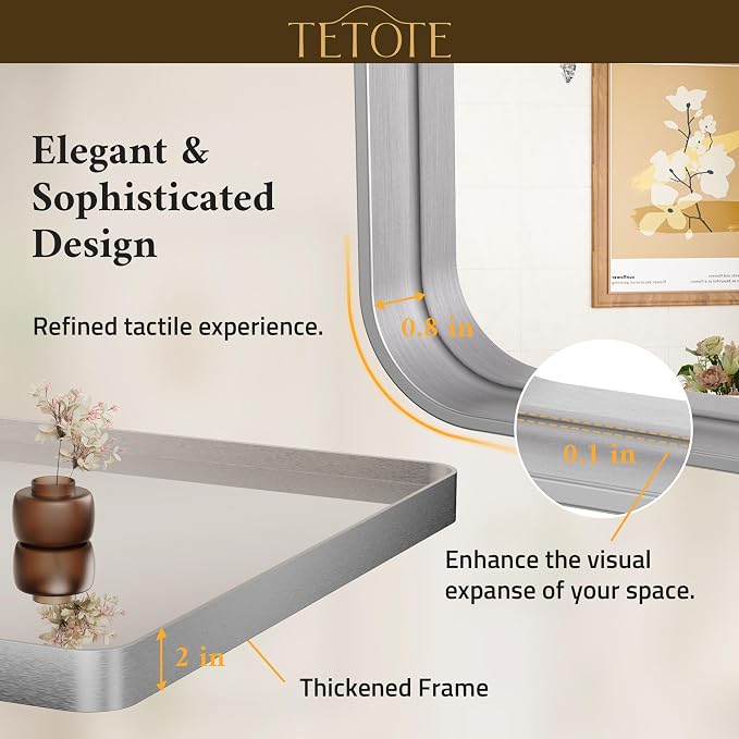 TETOTE 40 x 30 Inch Bathroom Mirror, Silver Framed Wall Mounted Brushed Silver Metal Rectangle Modern Vanity Mirror (Horizontal/Vertical)