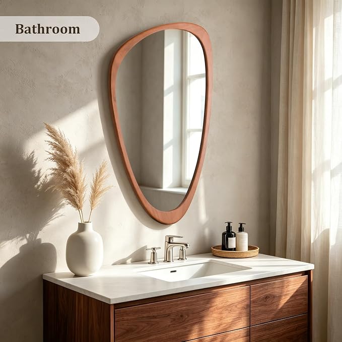 HOMECOOKIN 36" H x 23" W Asymmetrical Mirror, Irregular Wooden Wall Mirror for Bedroom, Living Room,Entryway– Boho Mid-Century Modern Decorative Mirror, Solid Wood Frame, Pebble Shaped Design (Walnut)