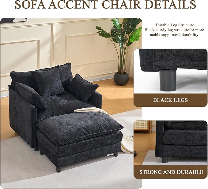 Oversized Accent Chair with Ottoman, Chenille Cloud Single Sofa Upholstered Double-Layer Seat Lounge Armchair with Pillows for Living Room Reading Apartment, Black