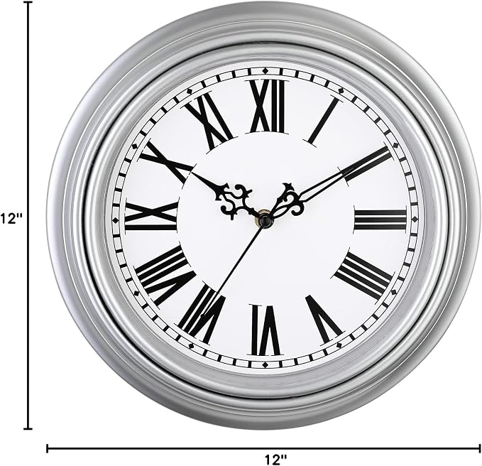 Plumeet Retro Wall Clock, 12'' Non Ticking Classic Silent Vintage Wall Clocks Decorative Kitchen Living Room Bedroom, Roman Numerals, Battery Operated, Silver