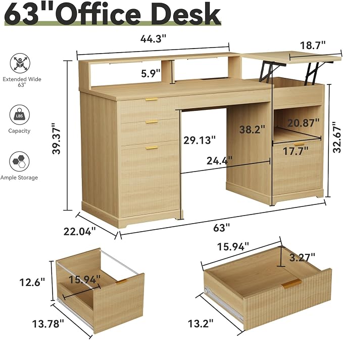 Fluted Desk with Drawers Filing Cabinet, 63" Home Office Executive Desk with Lift Top, Gaming Desk, Charging Station, Sensor Lights, Wood Computer Table with Monitor Stand, Natural Wood