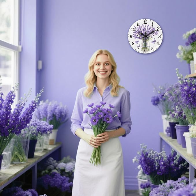 peacoblue Wall Clocks Battery Operated 12 Inch Lavender with Butterflies 12" Glass Round Wall Clock Non Ticking for Kitchen Living Dining Room Bedroom and Bathroom Decor (Battery not Included)