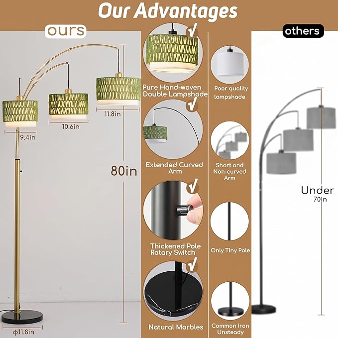 Gold Rattan Floor Lamp for Living Room, 80 Inch Tall Boho Floor Lamp with Rotary Switch, 3 Lights Arc Lamp with Green Wicker Shade for Coastal,Bohemian,Tree Farmhouse Standing Lamp