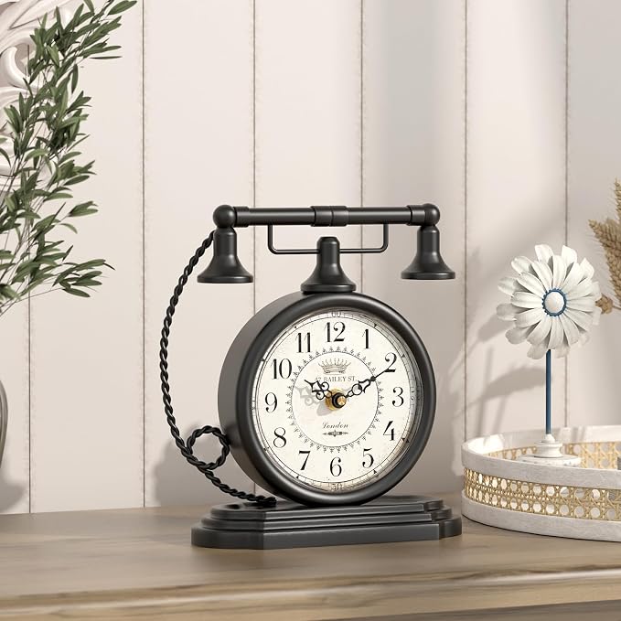 Vintage Table Clock, Desk and Shelf Decor Clock, Black Antique Telephone Style Mantel Clocks, for Living Room, Farmhouse, Bedroom, Bedside, Gift (7.3" H x 7.3" W)