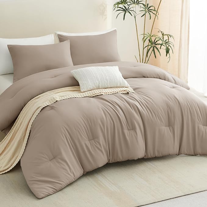 CozyLux King Size Comforter Set Khaki, 3 Pieces Lightweight Down Alternative Quilted Bedding Sets, Gray All Season Soft Breathable Solid Comforter with 2 Pillowcases, Luxury Bed Set Gift for Home