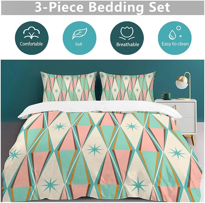Mid Century Duvet Cover Sets Modern Mid Century Retro Grid Printed Lightweight Soft Quilt Cover Geometric Minimalist Abstract Soft Microfiber 3 Piece (1 Duvet Cover 90x102in + 2 Pillow Sham 20x30in)