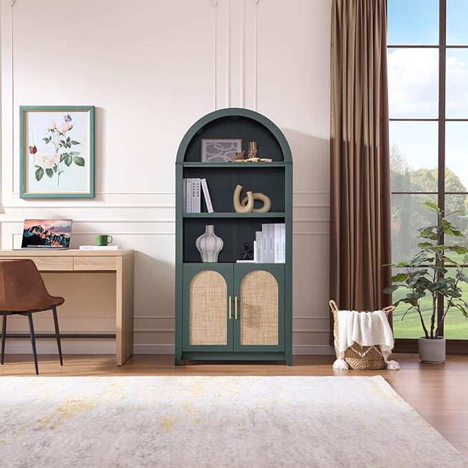 RowyPoey Rattan Arched Cabinet Bookshelf - 69.3” Tall Mid Century Display Cabinet, Rounded Bookcase with Rattan Doors, Open Shelf Storage for Dining Room (Green, 1 PC)