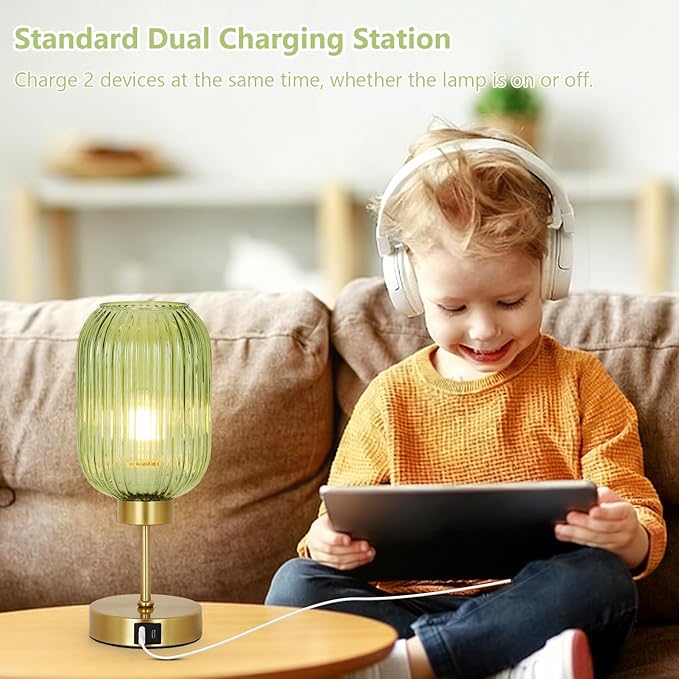Vintage Table Lamp for Bedroom with Bulb, Small Green Glass Beside Lamp with USB Ports, 3 Way Dimmable Gold Desk Lamp, Mid Century Modern Nightstand Lamp for Living Room, Office, Home Decor