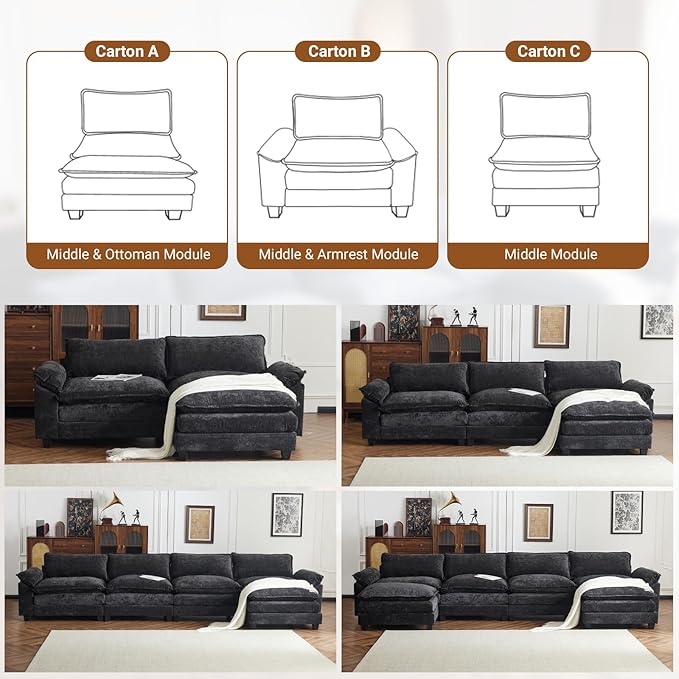VINGLI 122" Cloud Double-Layer Deep Convertible Sectional Sofa, Comfy L-Shape 3-Seat Couches for Living Room, Modern Couch with Two Movable Ottoman for Small Space, Chenille Black