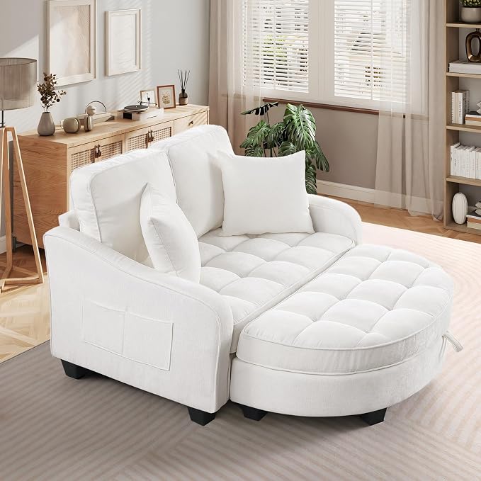 Oversized Chaise Lounge Chair Indoor with Ottoman, Chenille Tufted Comfy Loveseat Sofa Chair with Adjustable Backrest, Fluffy Recliner Sofa, Convertible Sleeper Couch Bed for Living Room(51"W, Beige)
