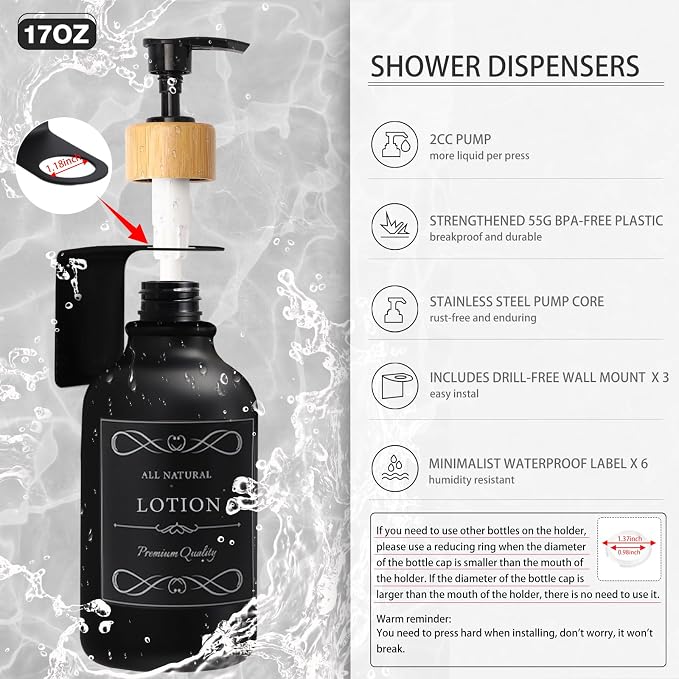 XLHOMO 34PCS Black Bathroom Accessories Sets Complete, with Shower Curtain, Rugs, Trash Can and Toilet Brush, 3PCS 17oz Soap Dispenser Wall Mounted, Toothbrush Holder and Cup, Soap Dish, Qtip Holder