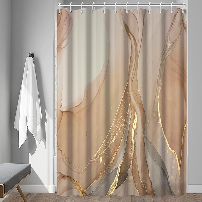 Brown Shower Curtain, Modern Brown Gold Grey Marble Shower Curtain for Bathroom Aesthetic Ink Texture Waterproof Shower Curtain Set with Hooks, 72x72 Inch