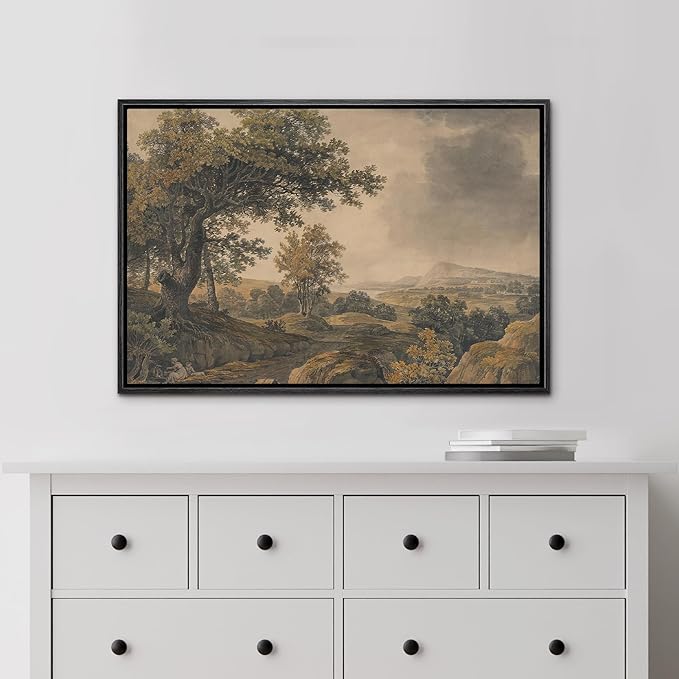MUDECOR Framed Canvas Print Wall Art Antique Landscape Serene Tree and Mountain Scene Illustrations Realism Decorative Scenic Panoramic Earth for Living Room, Bedroom, Office - 16"x24" Black
