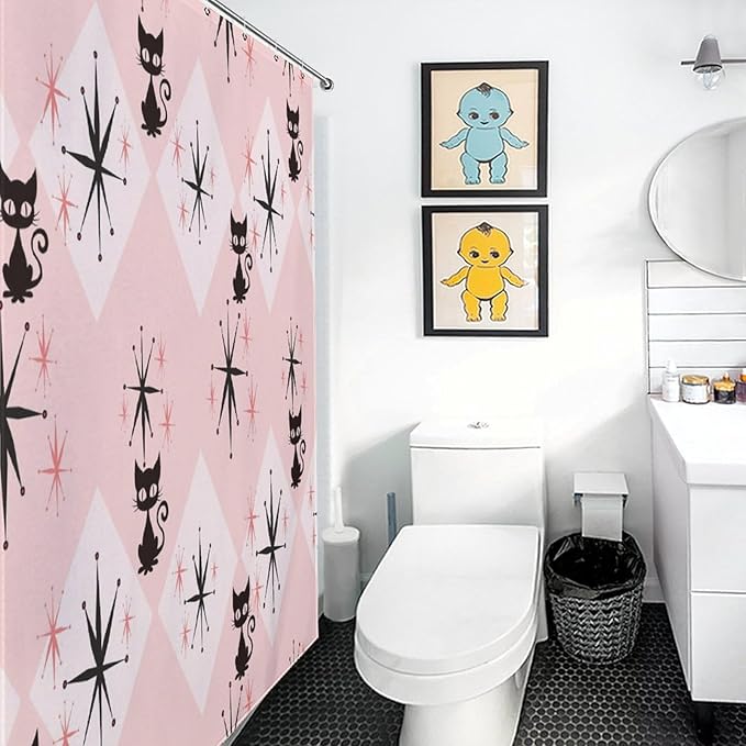 Mid Century Modern Shower Curtain,Pink Retro Atomic Cat Abstract Geometric 1960s Fabric Bathroom Decor Curtains with Hooks 72x72in（183x183cm）