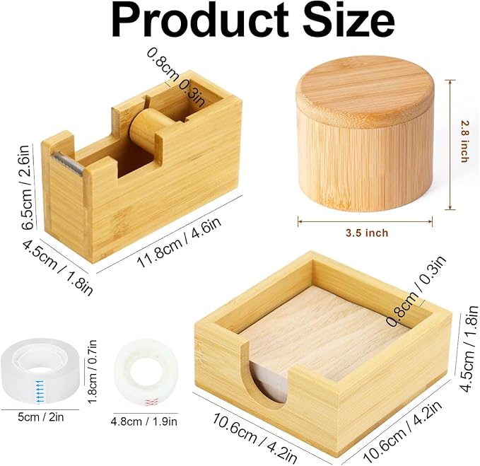 MultiBey Bamboo Desk Organizer Set, Magnetic Rotating Paper Clip Holder with Lid, Wood Tape Dispenser with Refills, Sticky Note Holder for Office & Home Desk Supplies (3-Piece Set)