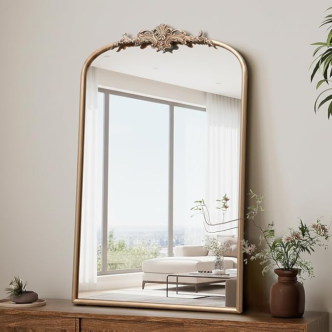 Besdomus Large Antique Wall Mirror: 24"x36" Arched Champagne Gold Vintage Wall Mounted Mirror - Traditional Ornate Home Decor for Entryway/Bedroom/Bathroom - Baroque Idea for Housewife