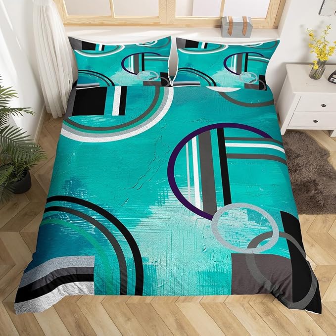 Erosebridal Geometric Circles Duvet Cover Queen,Teal Blue Grey Black Comforter Cover,Ombre Oil Painting Bedding Set,Modern Abstract Tie Dye Quilt Cover,Room Decor Bedspread Cover with 2 Pillow Cases