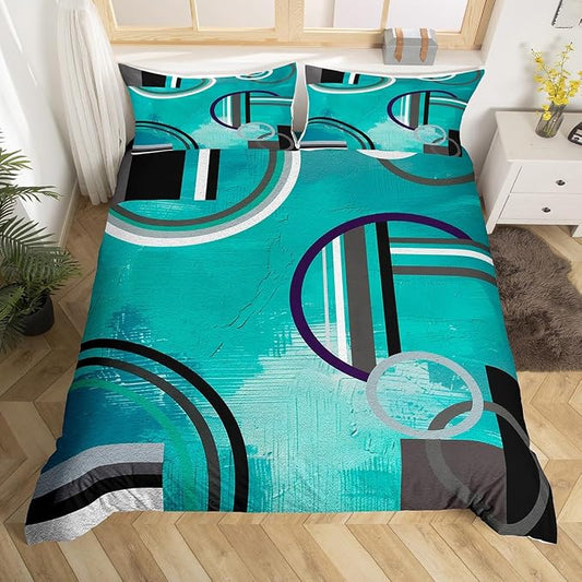 Erosebridal Geometric Circles Duvet Cover Full,Teal Blue Grey Black Comforter Cover,Ombre Oil Painting Bedding Set,Modern Abstract Tie Dye Quilt Cover,Room Decor Bedspread Cover with 2 Pillow Cases