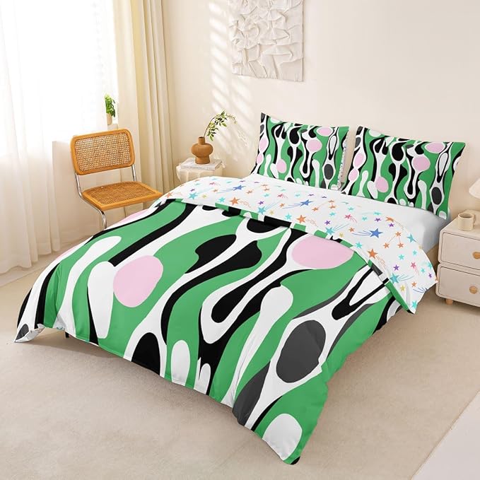 Erosebridal Mid Century Modern Abstract Duvet Cover Set Vintage Geometric Girl Toddler Bedding Set for Toddler Boys Contemporary Organic Shapes Comforter Cover Squiggle Blob Bed Sets,Green Pink