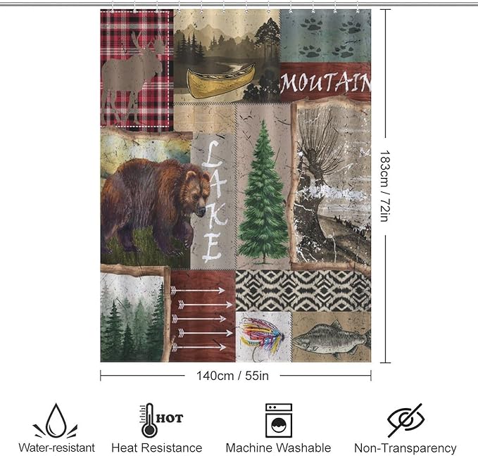 Retro Rustic Bear Shower Curtains, Vintage Deer Farmhouse Forest Cabin Lodge Woodland Adventure Cottage Country Waterproof Shower Curtains for Bathroom Decor 12 Pack Hooks 55x72in（140x183cm）