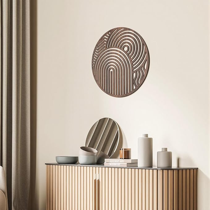 Yerliker Mid Century Modern Wood Wall Art Small Walnut Geometric Wall Sculpture 11.81 Inch Boho Minimalist Abstract Panel Decor for Living Bedroom, Office, Entryway Vertical Hanging Art(Circular)