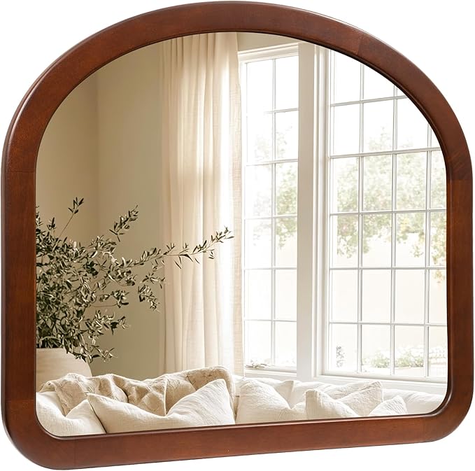 Arched Mirror 34 x 29 Inch,Walnut Brown Wood Rustic Bathroom Tempered Wall Mirror with Wood Frame,Round Corner Arch Farmhouse Wooden Vanity Mirror for Living Room,Entryway or Bedroom
