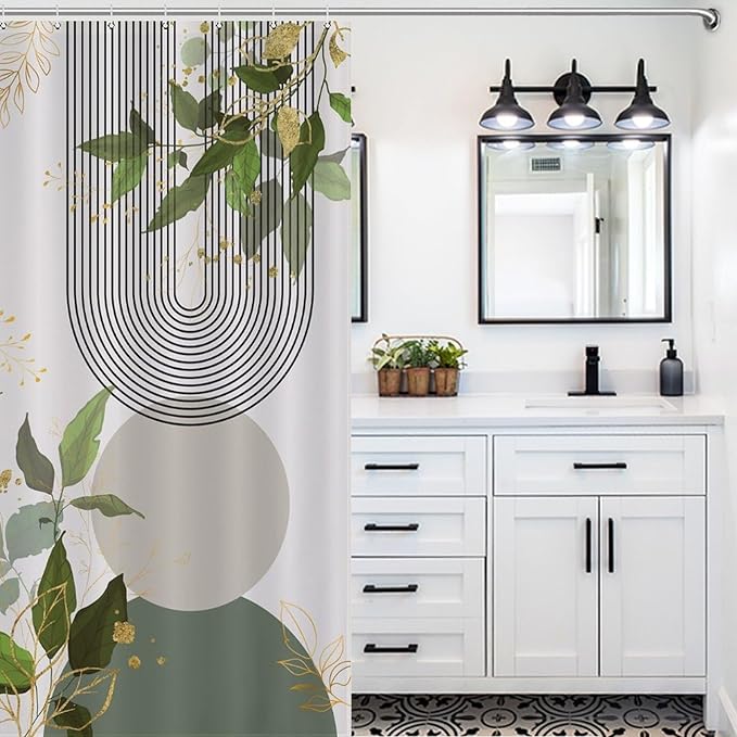 Boho Green Shower Curtain, Mid Century Modern Abstract Gold Leaves Plant Minimalist Bathroom Curtain Polyester Waterproof Fabric Decor 66x72in（168x183cm）