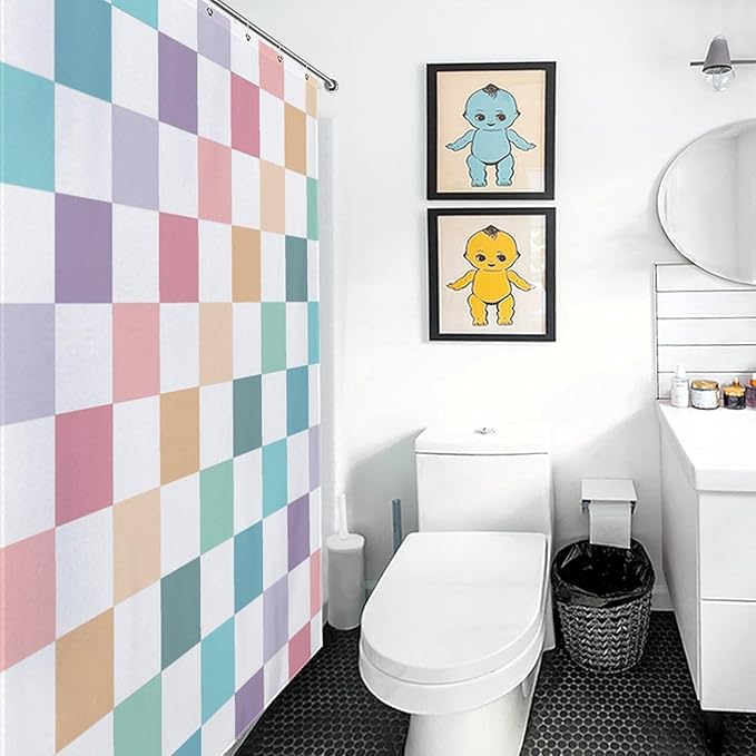 70s Checkered Shower Curtain for Bathroom, Retro Vintage Hippie Groovy Checkboard Colorful Pink Abstract Modern Cute Bright Funky Waterproof Fabric Shower Curtain Set with Hooks, 72"x78"
