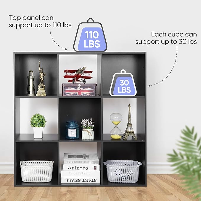 ZenStyle 9 Cube Storage Shelf Organizer, Wooden Bookshelf System Display Cube Shelves Compartments, Customizable W/ 5 Removable Back Panels (Black)